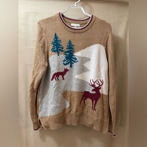 Charter Club Winter Scene Sweater Deer Fox Knit Beige Forest Pullover